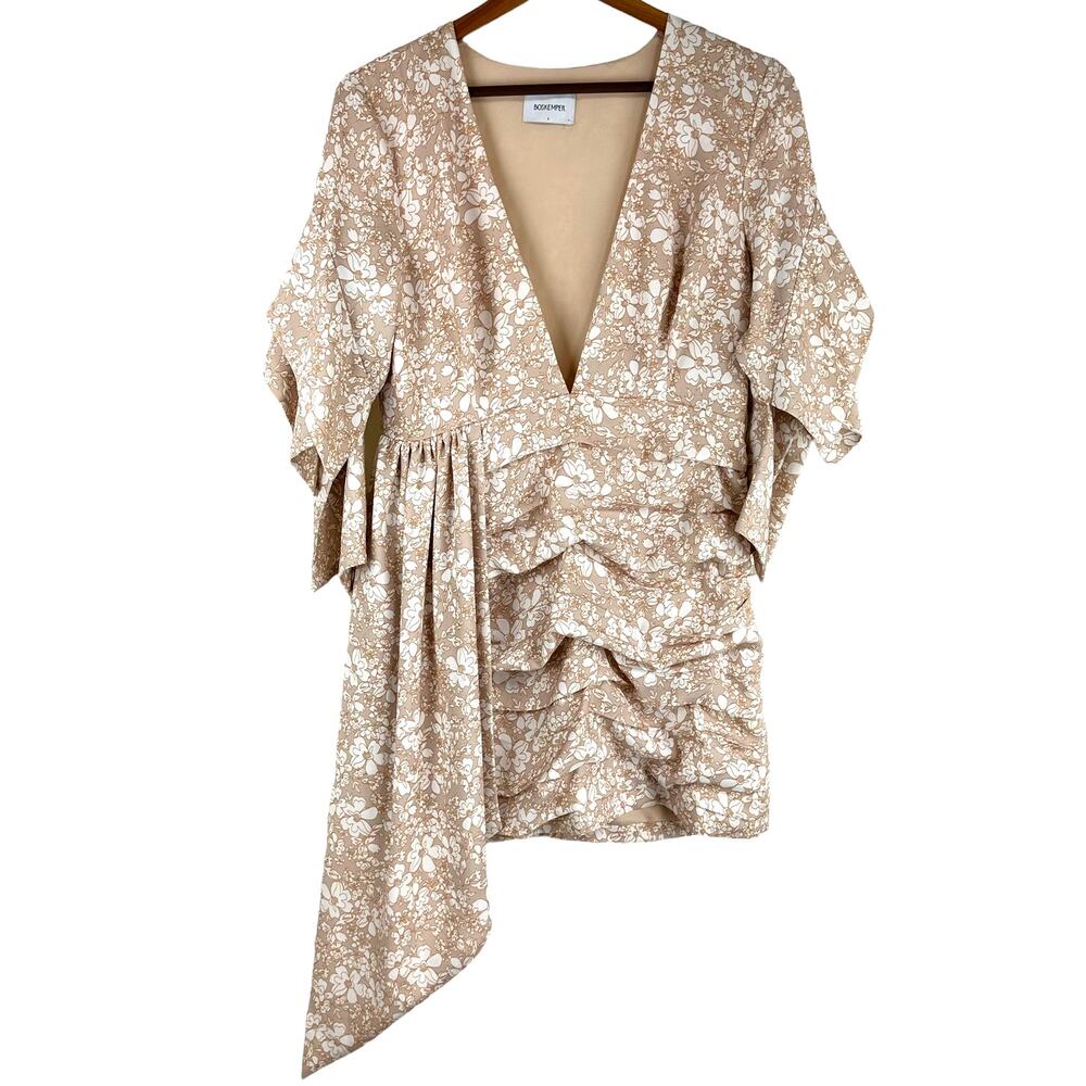 Boskemper Floral Mini Dress Beige White Size L EUC Pleated Tiered Ruffle Ruched